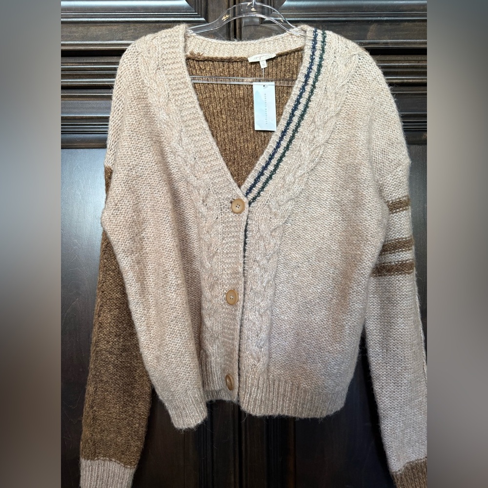Mystree Beige and Brown Knit Cardigan with Stripes